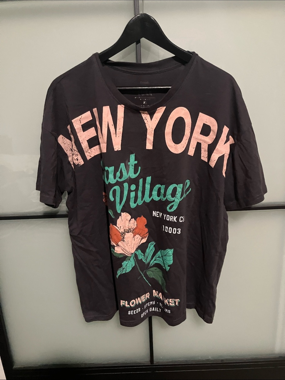 Kohl's Black Tee with Pink 'New York' Graphic and Green Floral Print